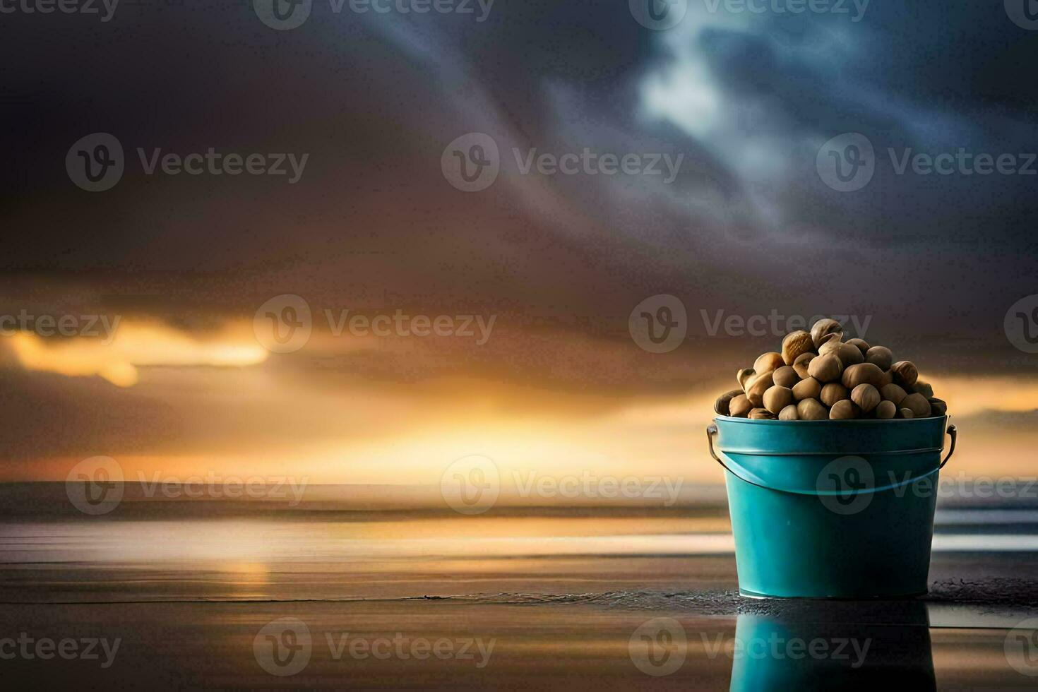 a bucket of nuts on the beach. AI-Generated photo