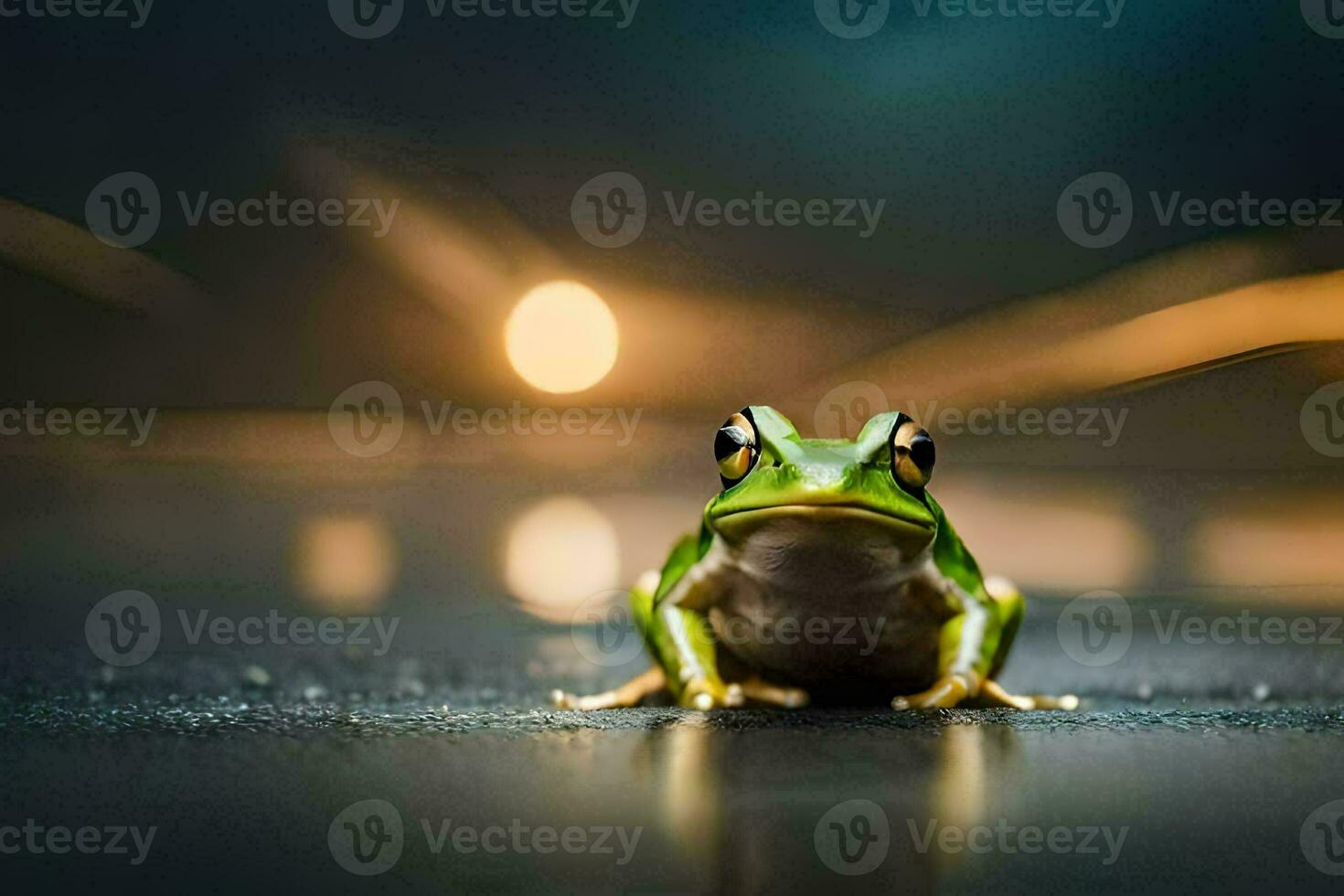 a frog sitting on the ground in the dark. AI-Generated photo