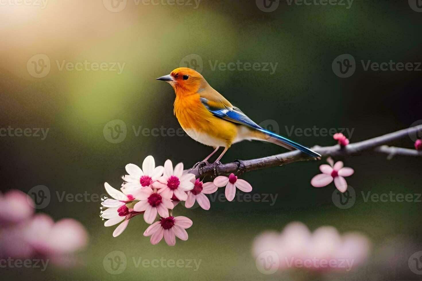 a bird sits on a branch with pink flowers. AI-Generated photo