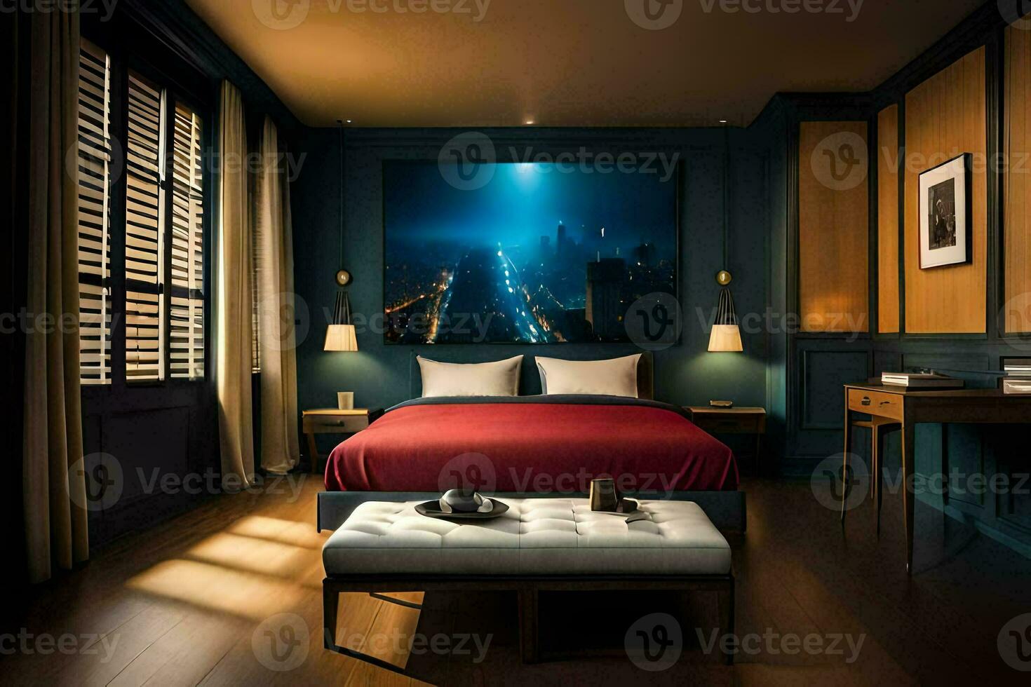 a bedroom with a large painting on the wall. AI-Generated photo