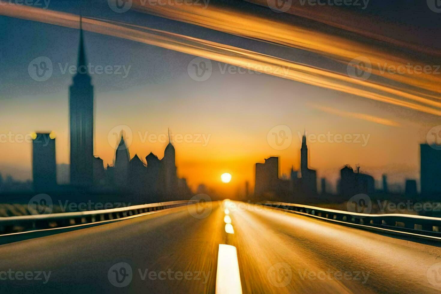 the city skyline is seen in the background as the sun sets. AI-Generated photo