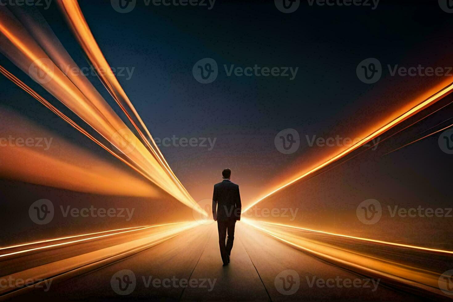 a man in a suit walks down a road at night. AI-Generated photo