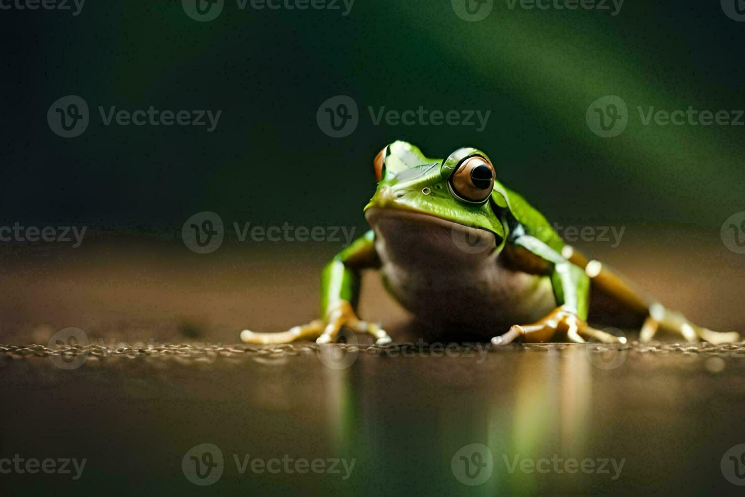 un rana sentado en el suelo con un verde antecedentes. generado por ai foto