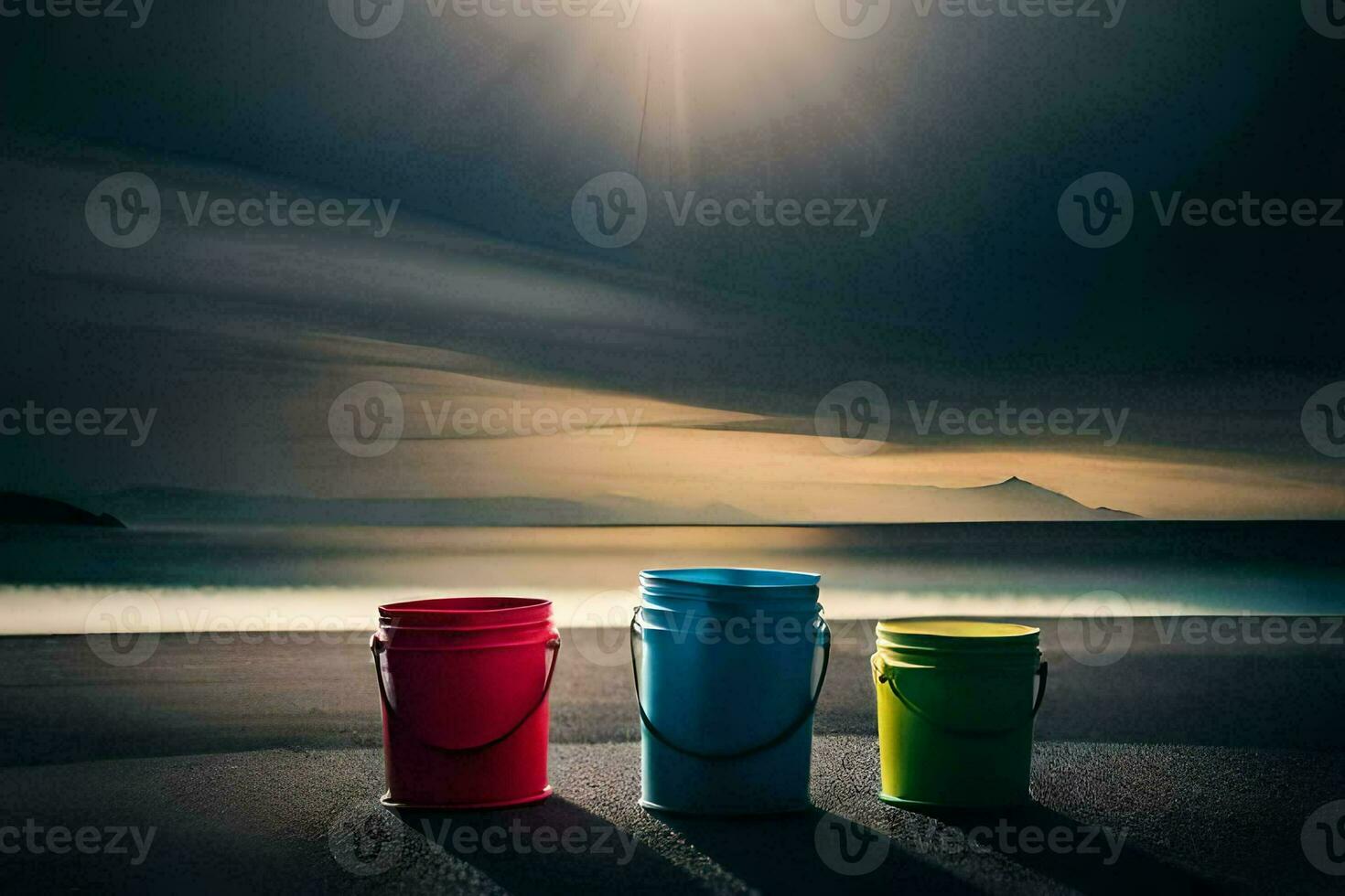 three buckets sit on the beach under a dark sky. AI-Generated photo