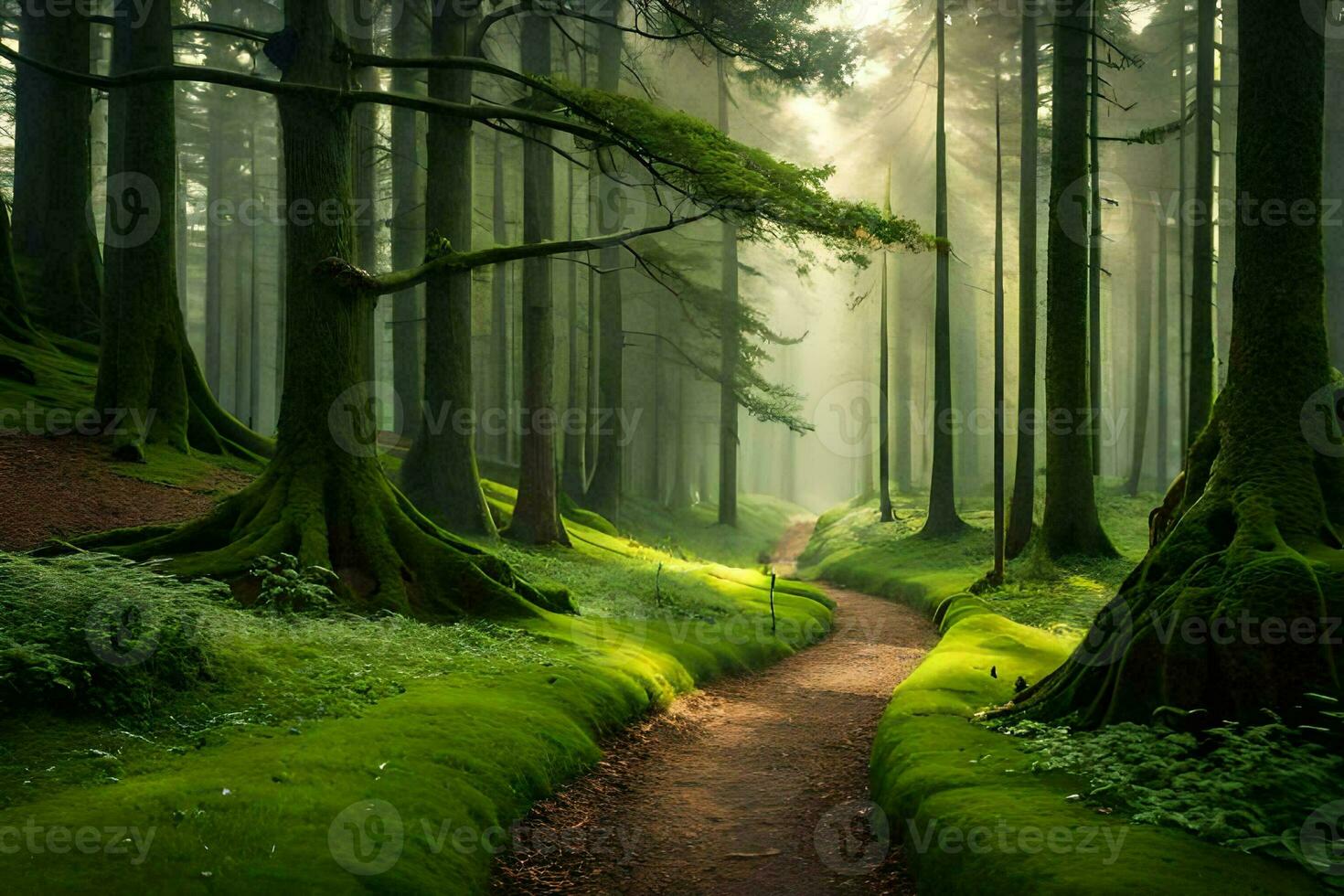 a path through a forest with trees and grass. AI-Generated photo