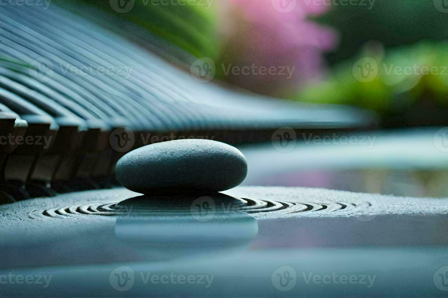 a stone sits on top of a water feature. AI-Generated photo
