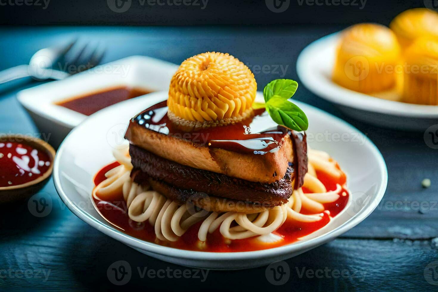 a plate of food with noodles and sauce. AI-Generated photo