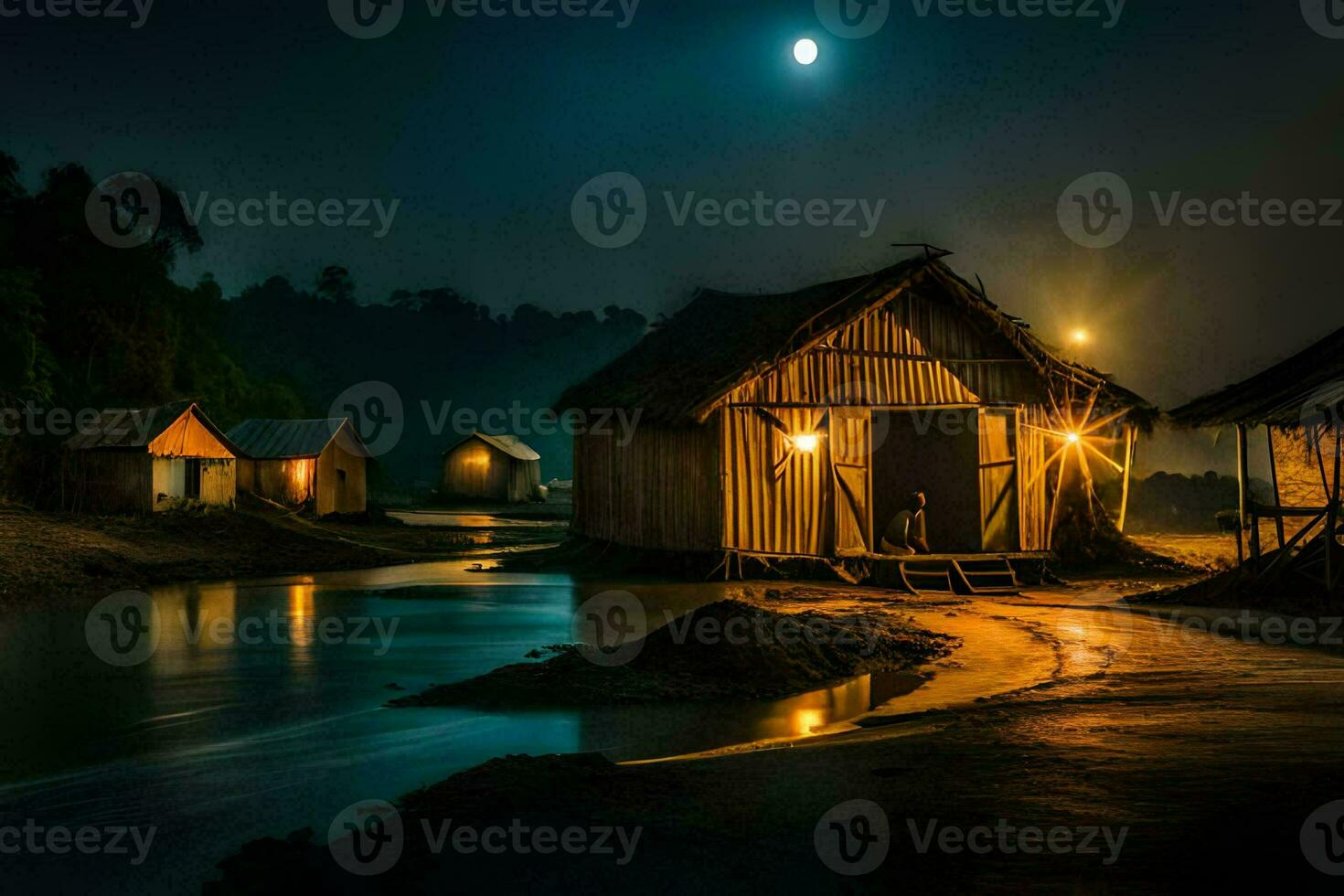 photo wallpaper the moon, night, the water, the river, the hut, the moon,. AI-Generated