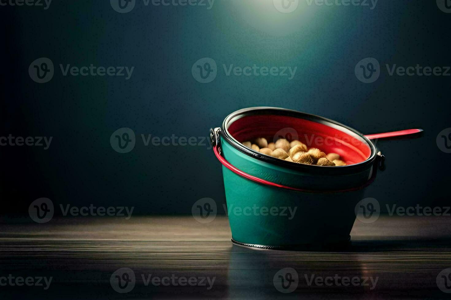 a bucket of cereal on a table. AI-Generated photo