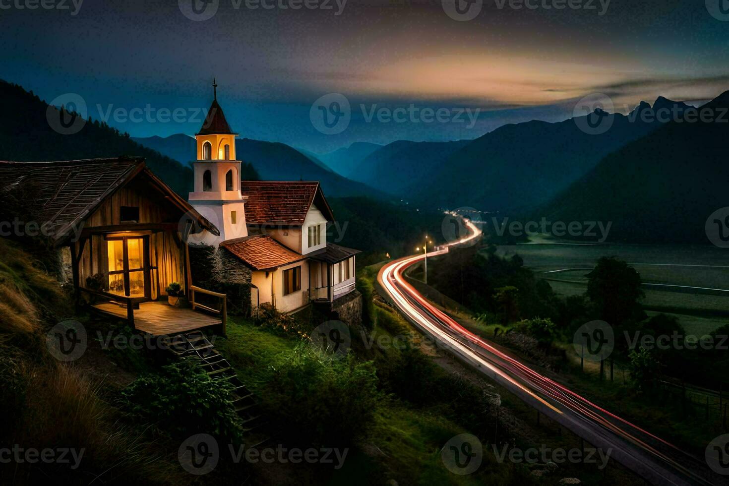 a church and a mountain road at night. AI-Generated photo