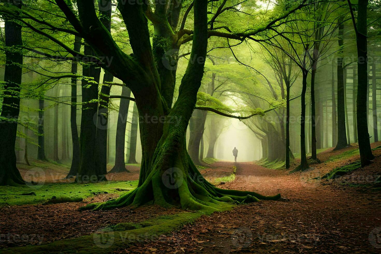 un hombre es caminando mediante un bosque con arboles generado por ai foto