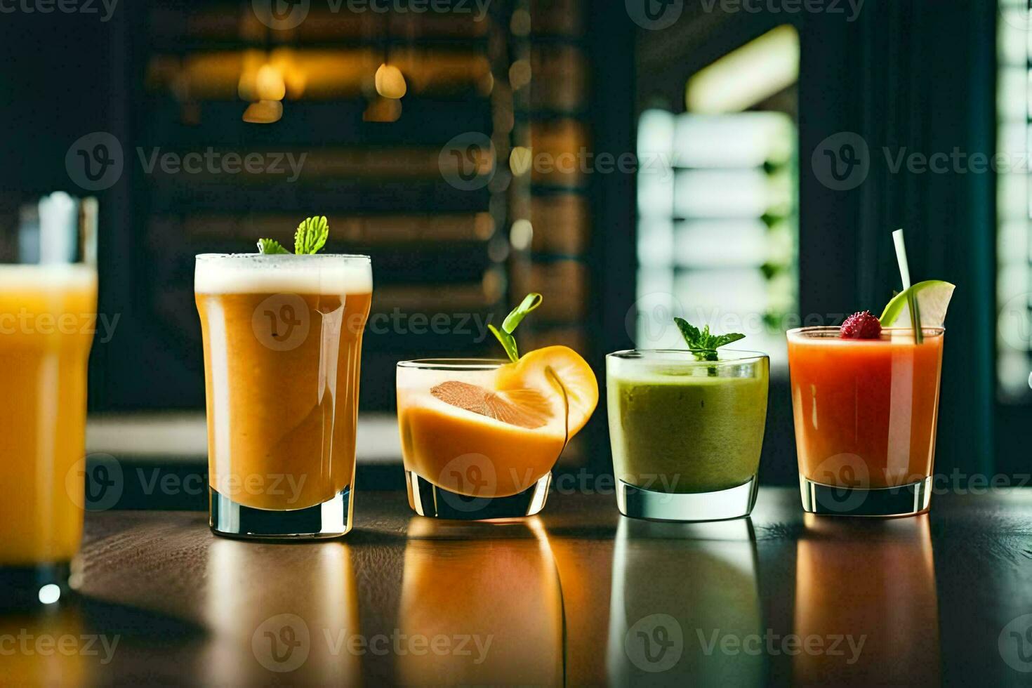 a row of different drinks on a table. AI-Generated photo