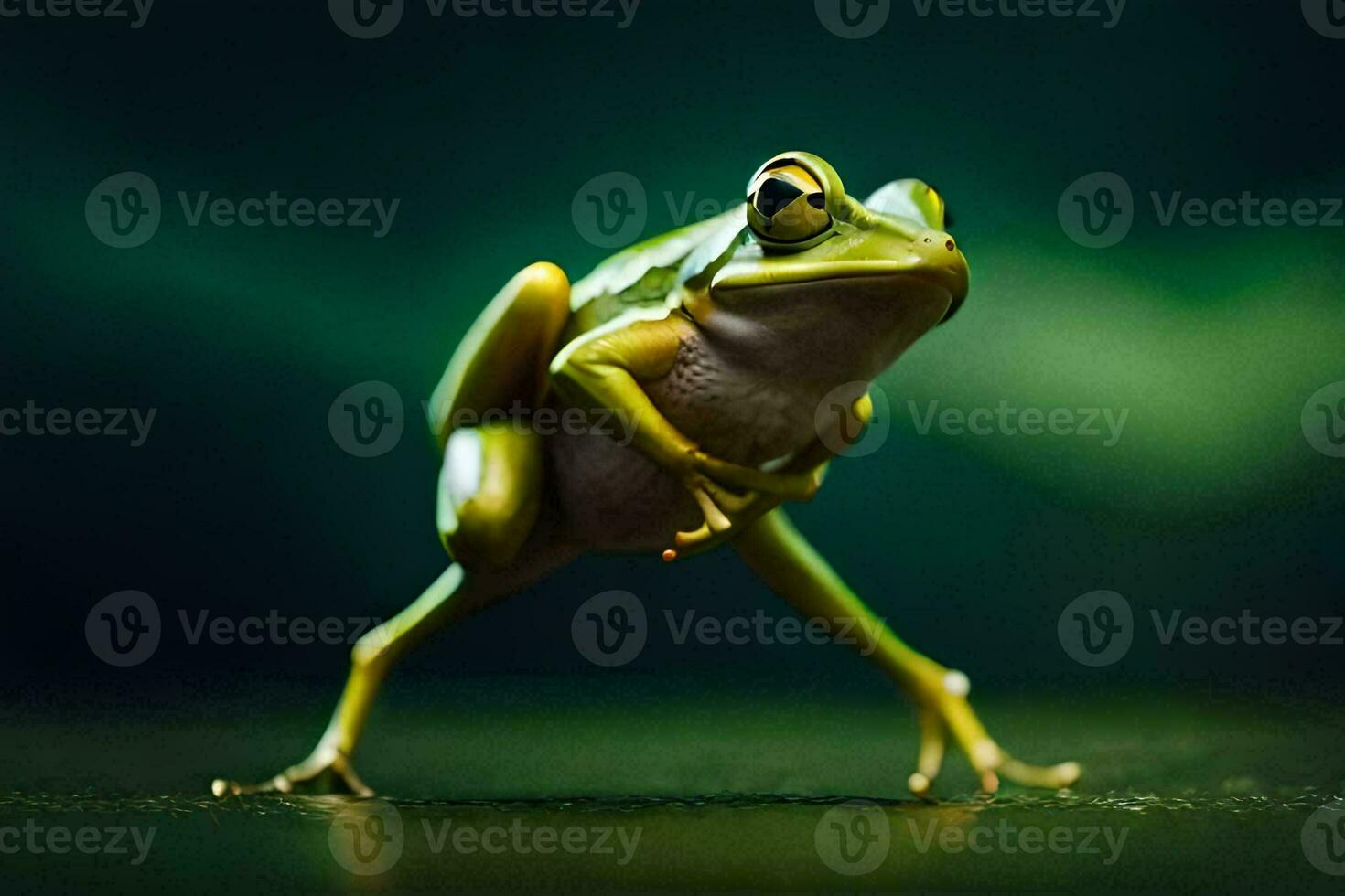 a frog is standing on its hind legs. AI-Generated photo