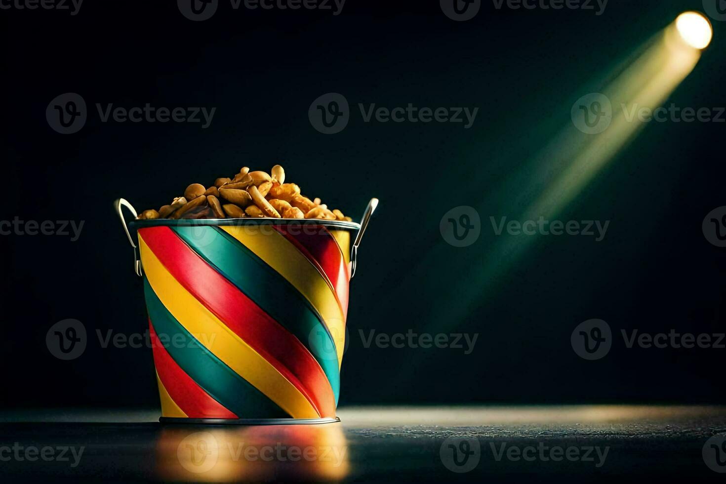 a bucket of popcorn on a dark table. AI-Generated photo