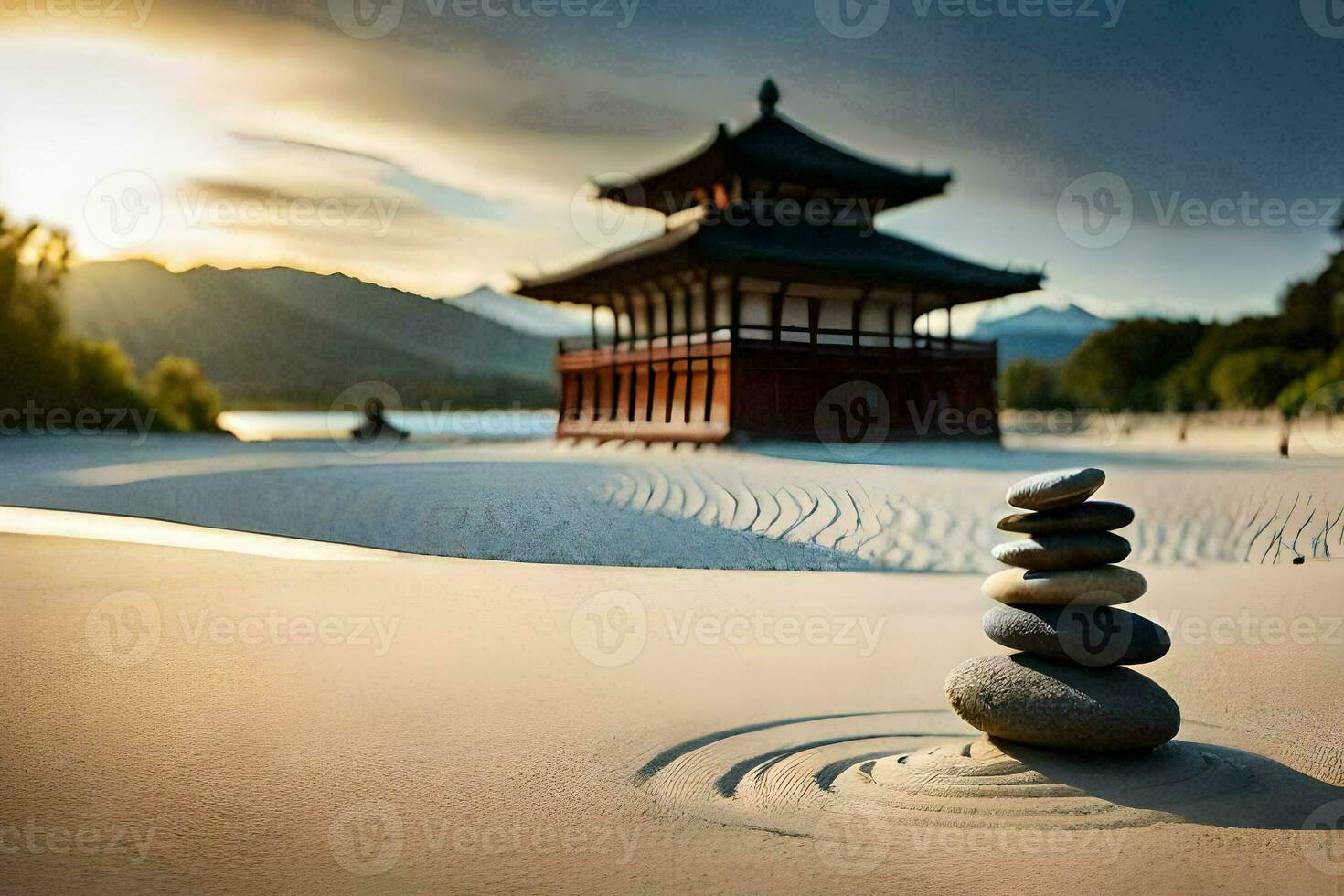 a stack of rocks in the sand with a pagoda in the background. AI-Generated photo