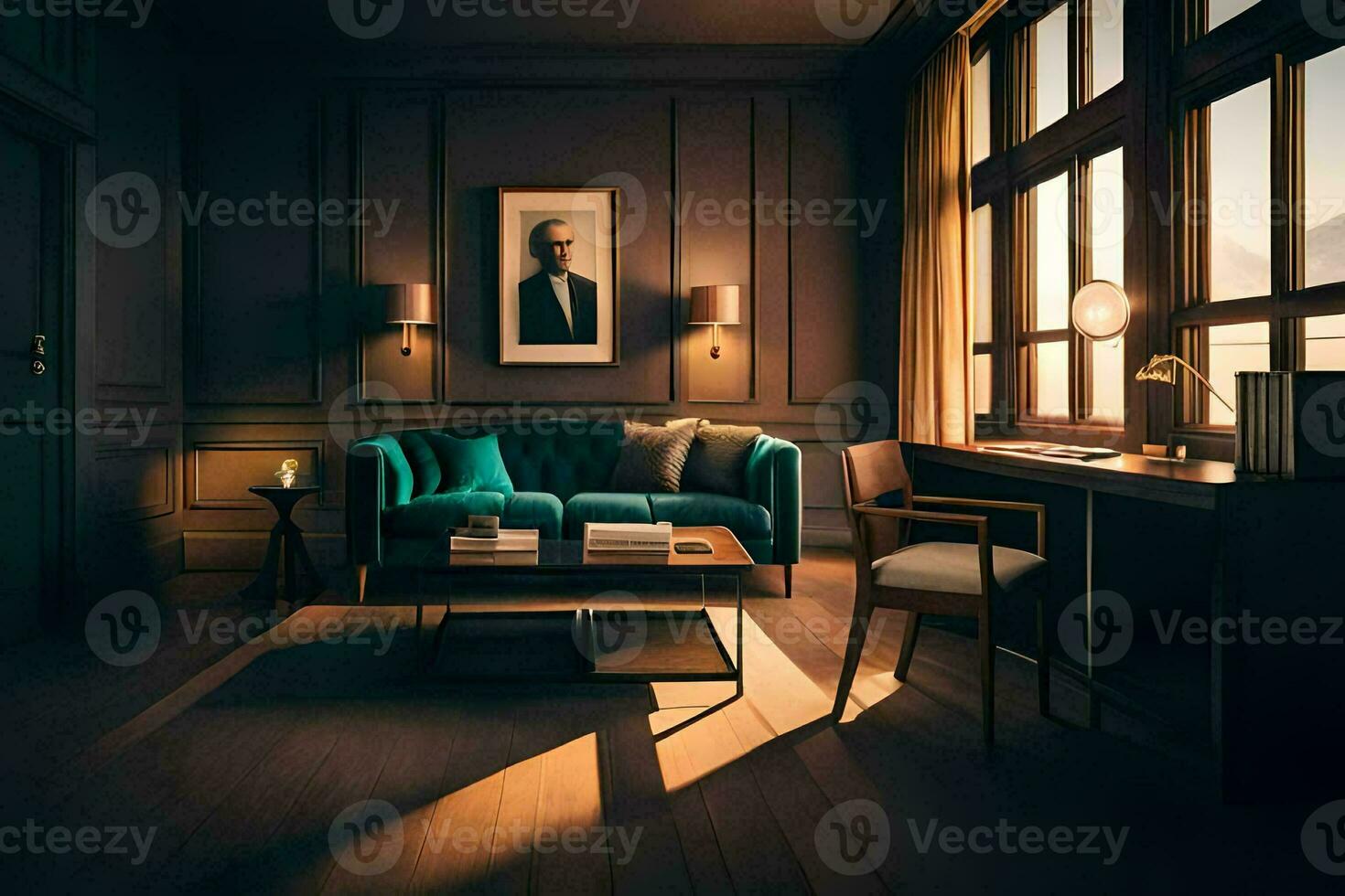 a living room with a blue couch and a coffee table. AI-Generated photo