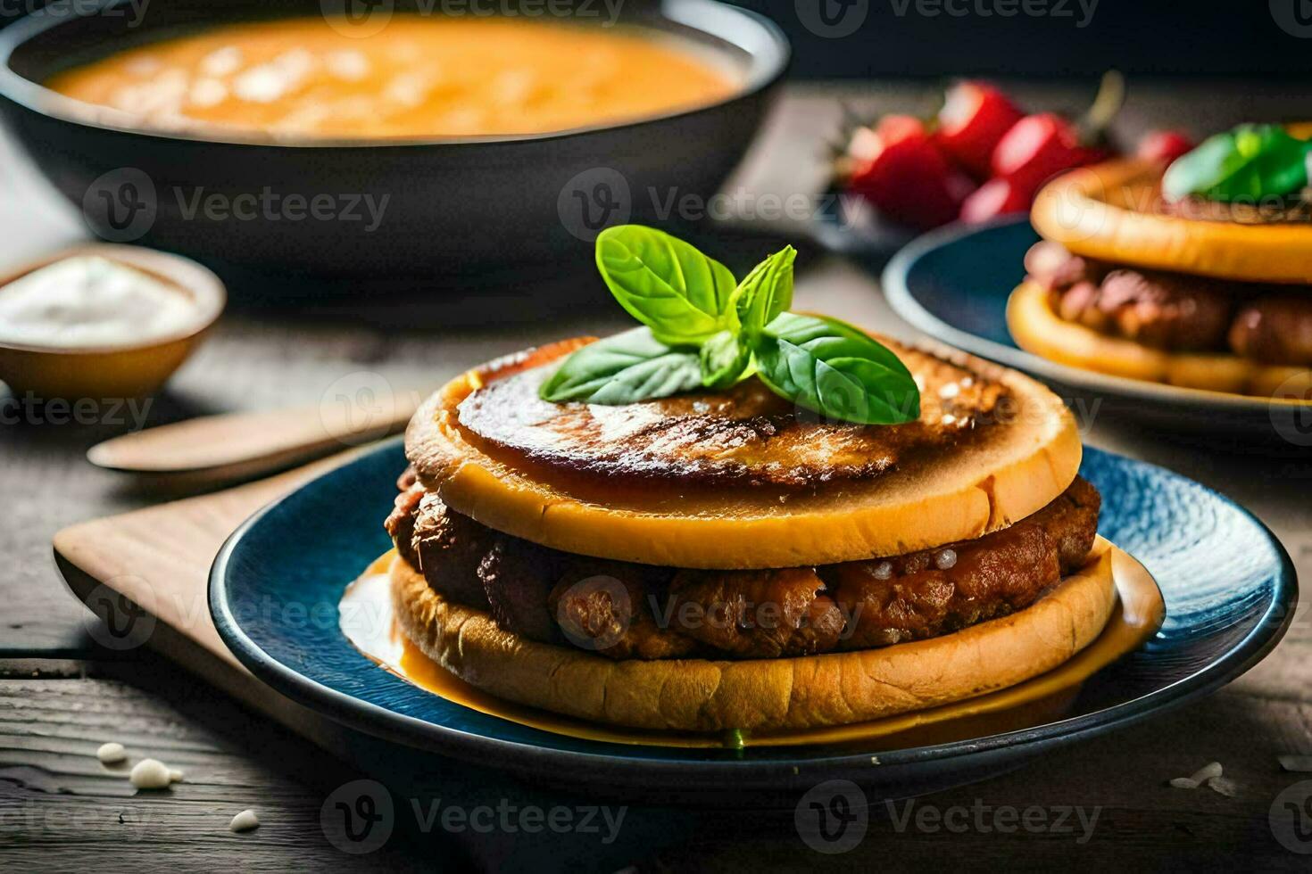 two hamburgers on plates with a bowl of soup. AI-Generated photo