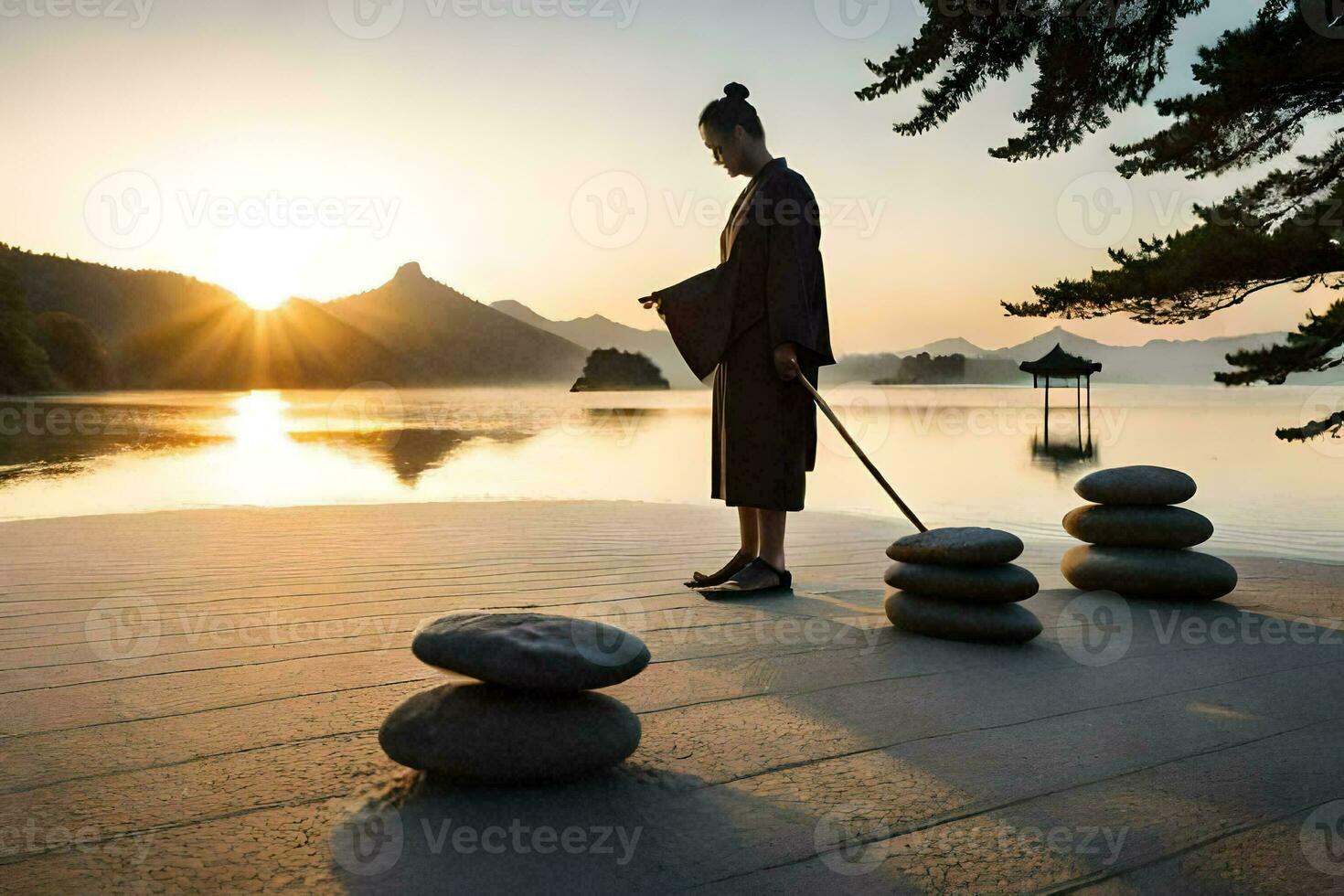 un hombre en un kimono es en pie en un playa con piedras generado por ai foto