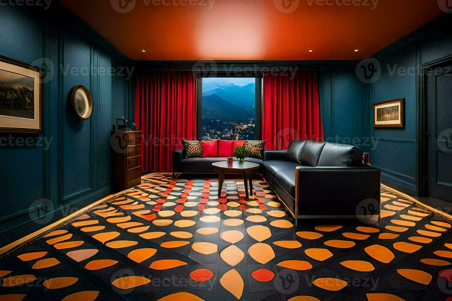 a living room with a red and orange patterned floor. AI-Generated photo