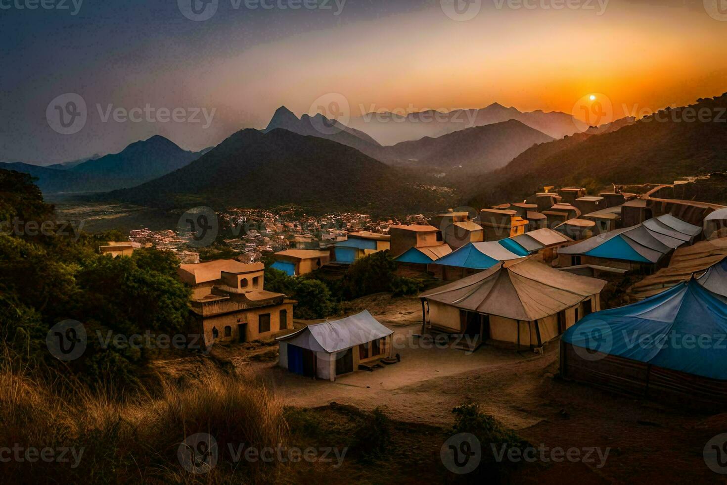 the sun sets over a village in the mountains. AI-Generated photo