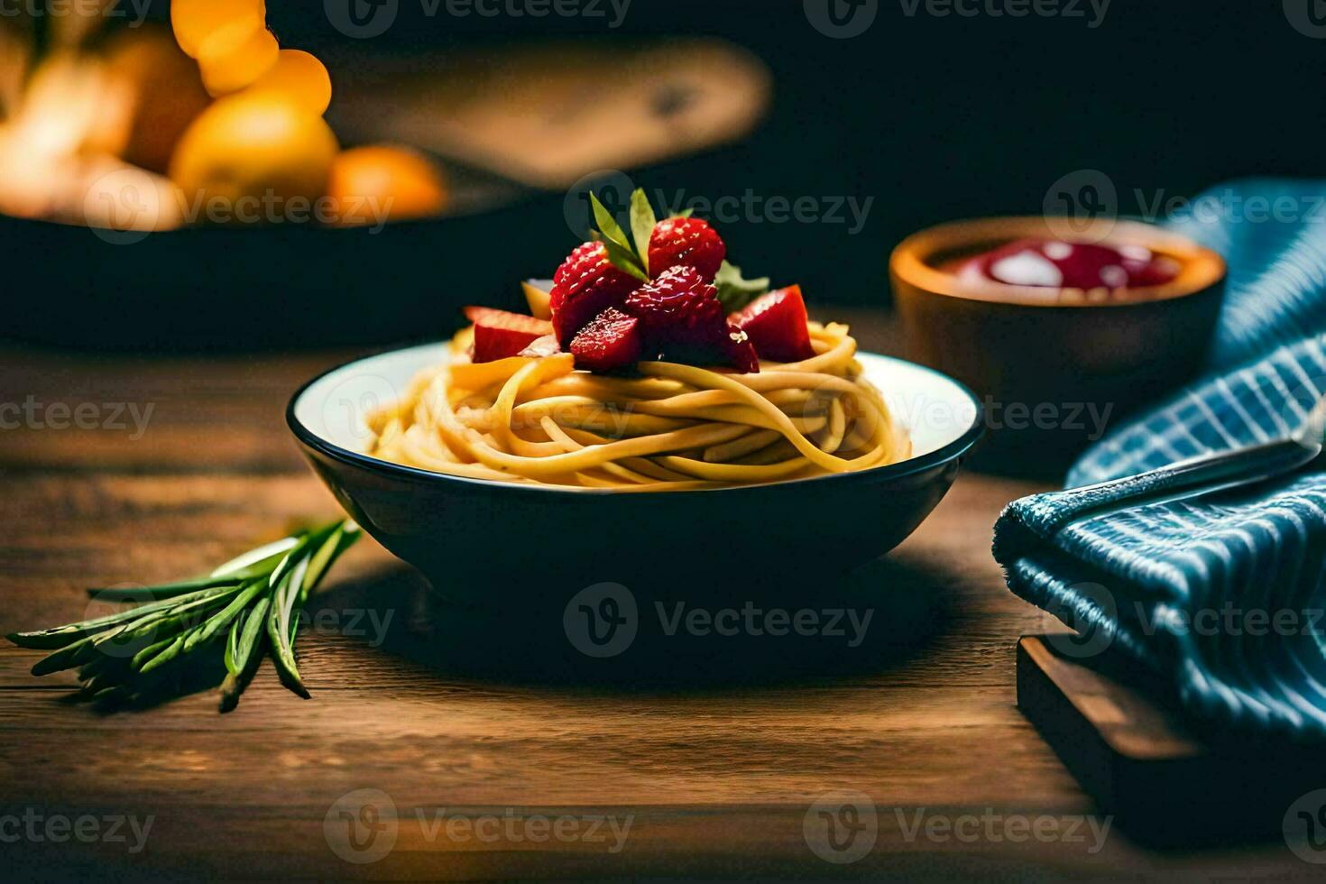 spaghetti with strawberries and rosemary on a wooden table. AI-Generated photo