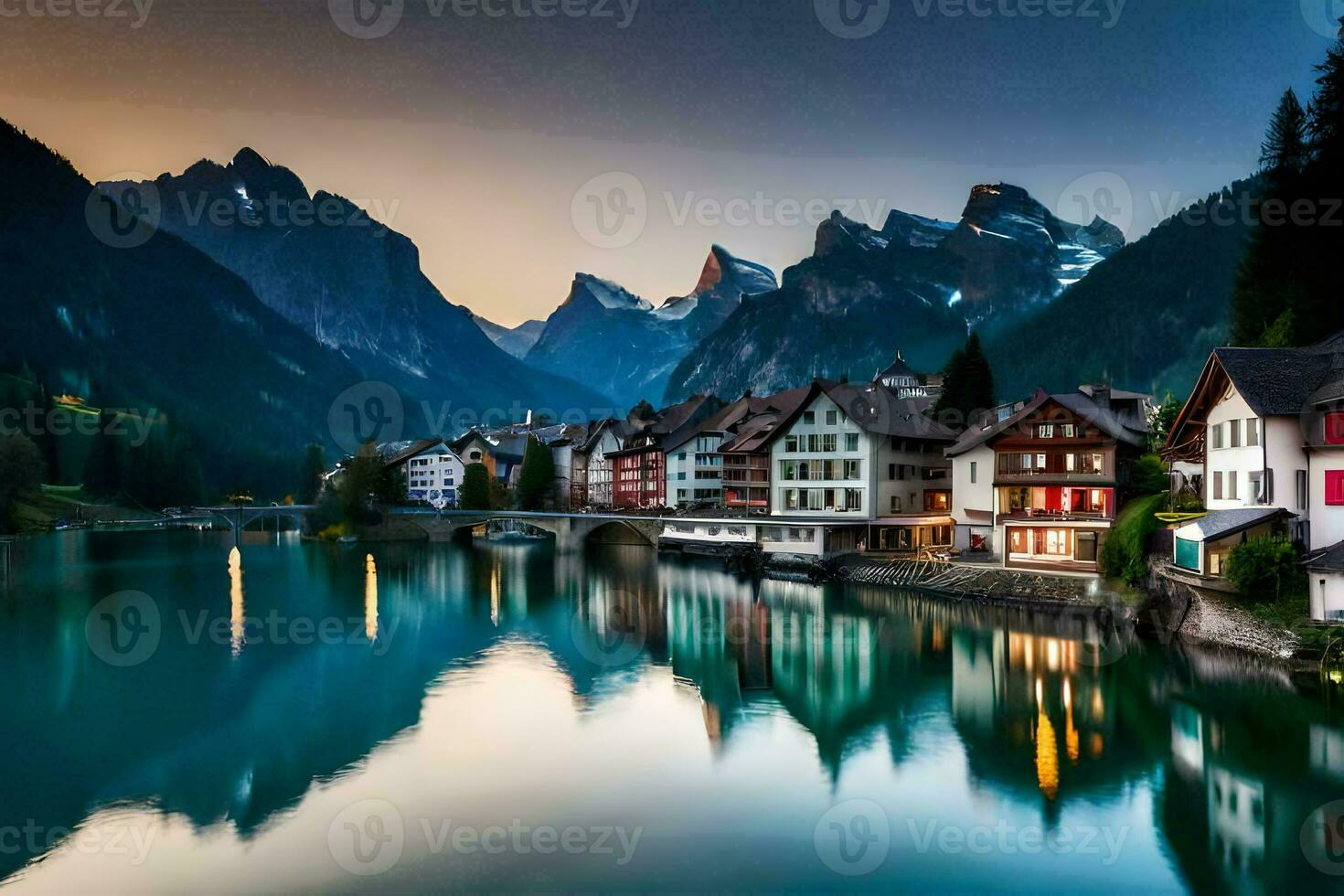 the beautiful town of hallstatt in the alps at dusk. AI-Generated photo