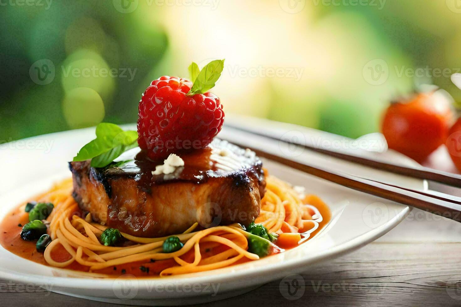 a plate with spaghetti and meat on it. AI-Generated photo