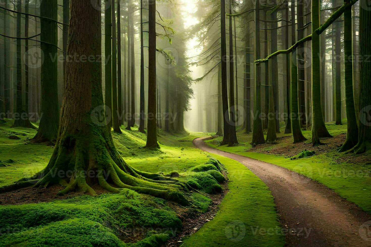 a path through a green forest with trees and grass. AI-Generated photo