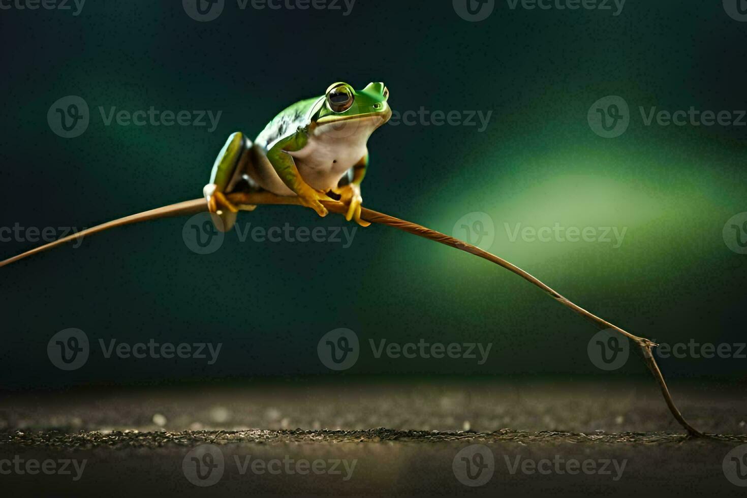 a frog sitting on a branch in the dark. AI-Generated photo