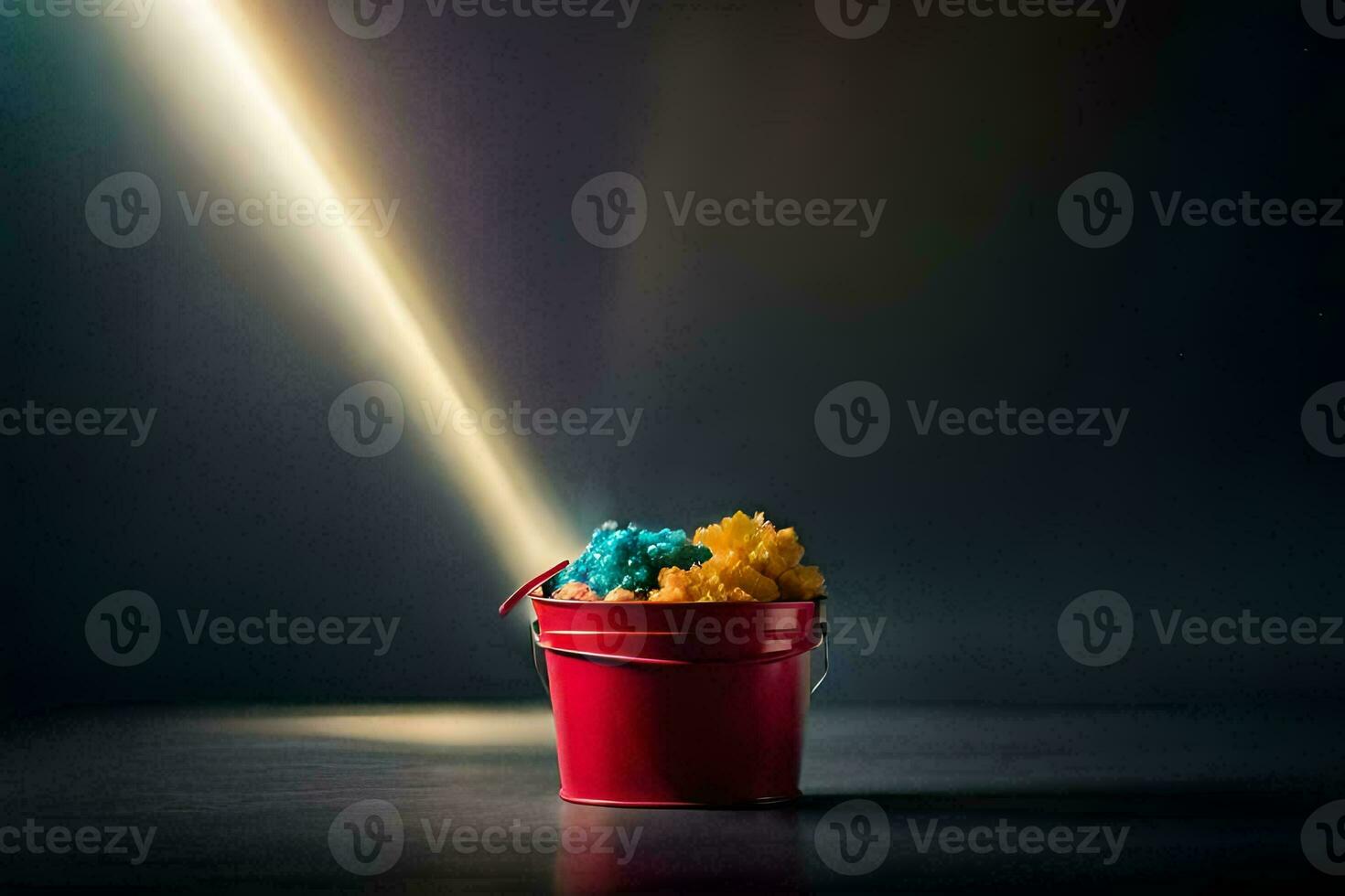 a bucket filled with colorful popcorn on a dark surface. AI-Generated photo