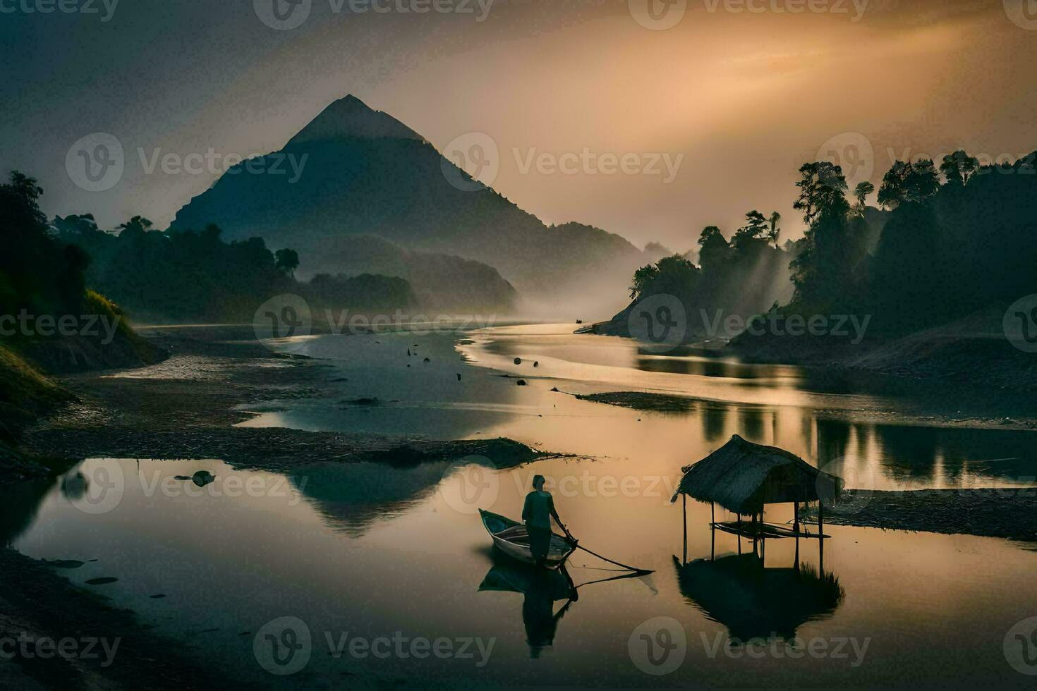 un hombre es remo un barco en el río a amanecer. generado por ai foto