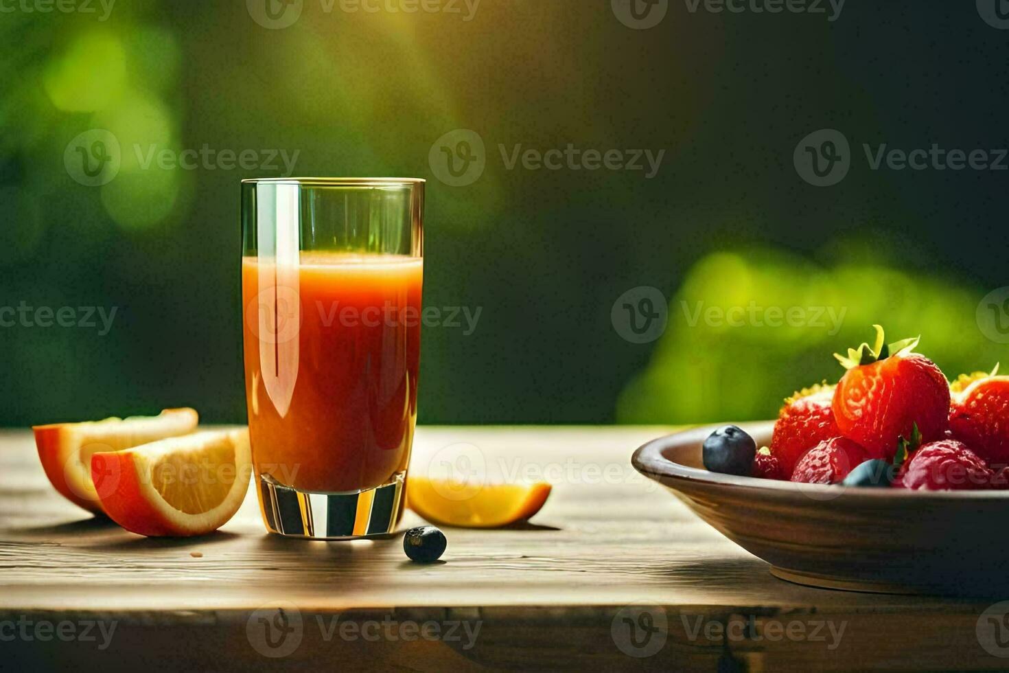 a glass of juice and berries on a table. AI-Generated photo