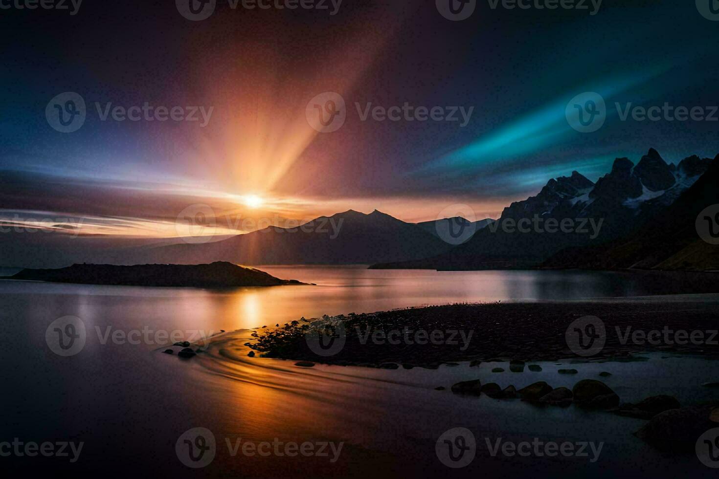 photo wallpaper the sky, mountains, water, the sun, light, the mountains, the sea. AI-Generated