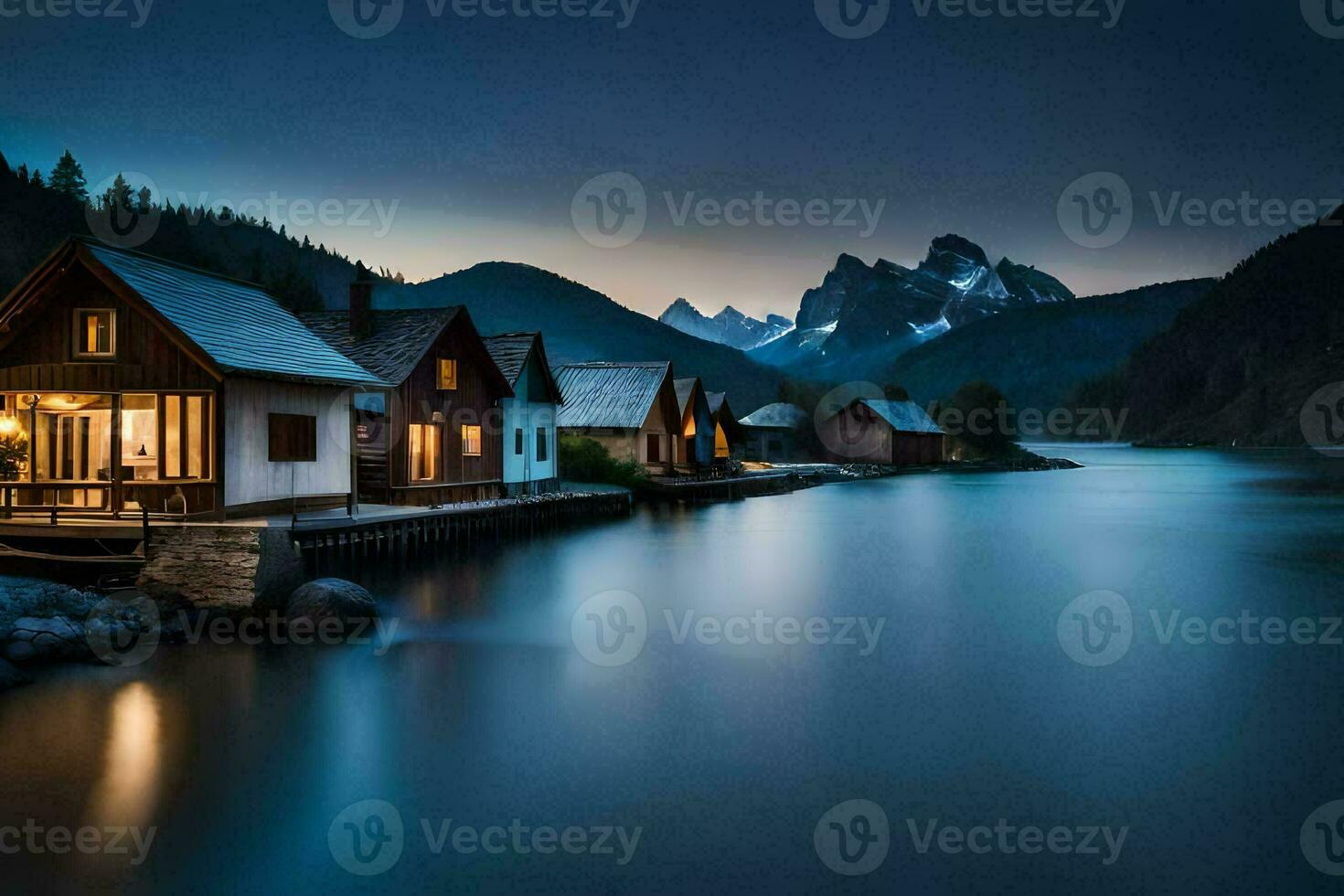 photo wallpaper the sky, mountains, lake, house, the mountains, the lake, the mountains. AI-Generated