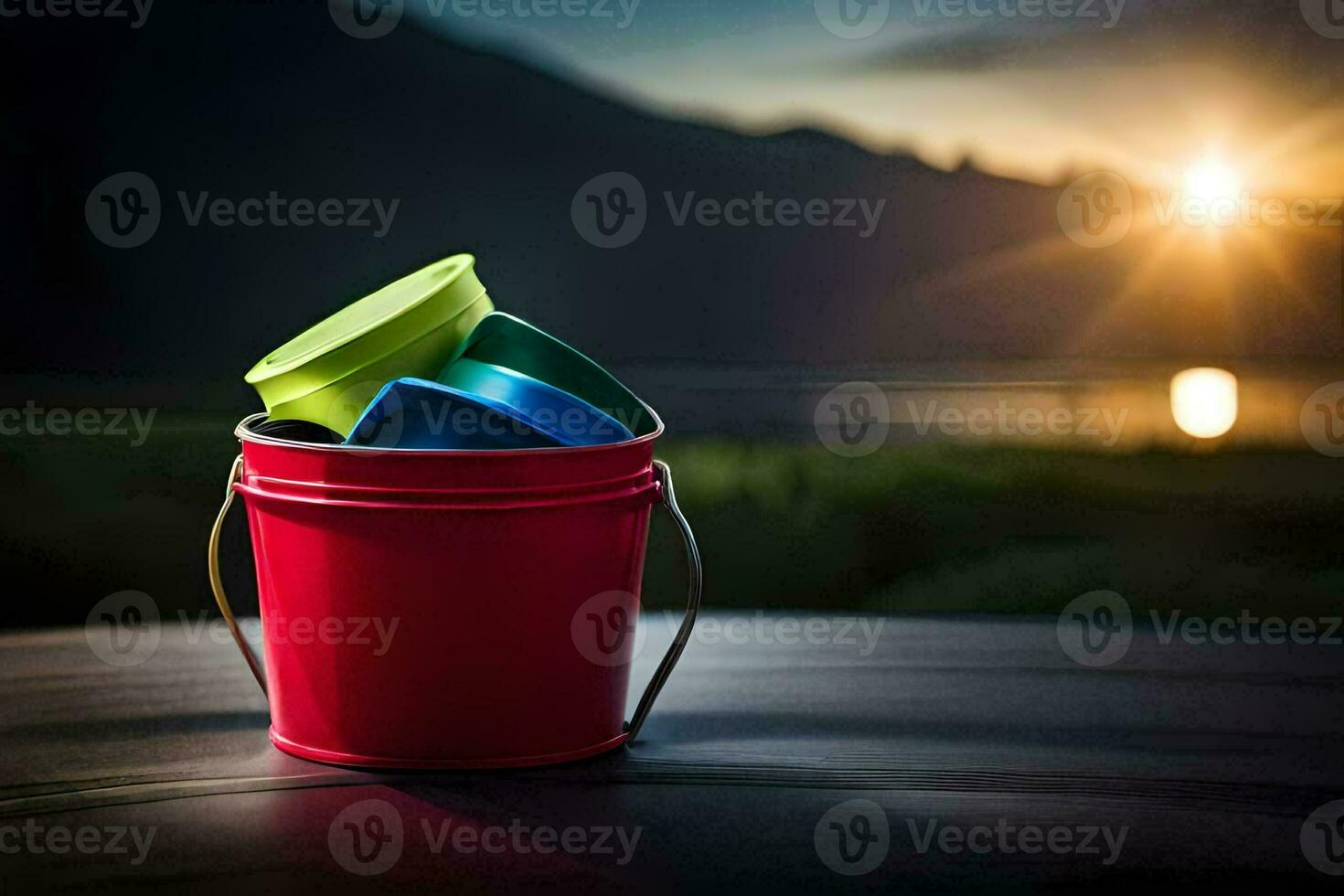 a bucket of colorful plastic cups sitting on a table. AI-Generated photo