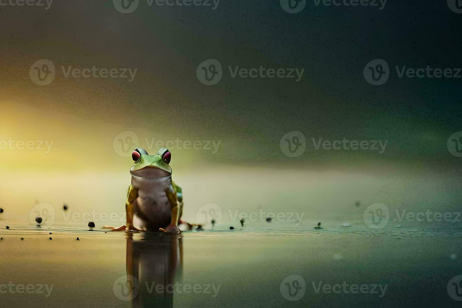 a frog sitting on the water with fog in the background. AI-Generated photo