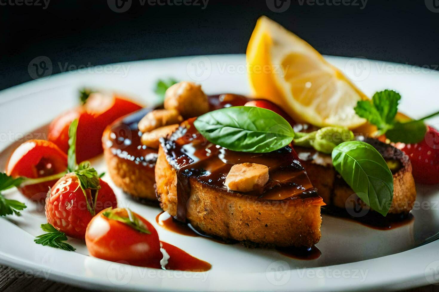 grilled bread with tomatoes and basil on a white plate. AI-Generated photo