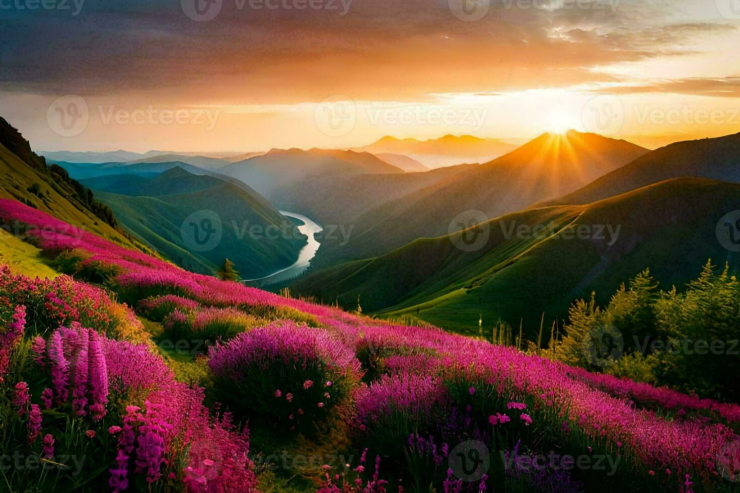 the sun rises over the mountains and the flowers bloom in the valley. AI-Generated photo