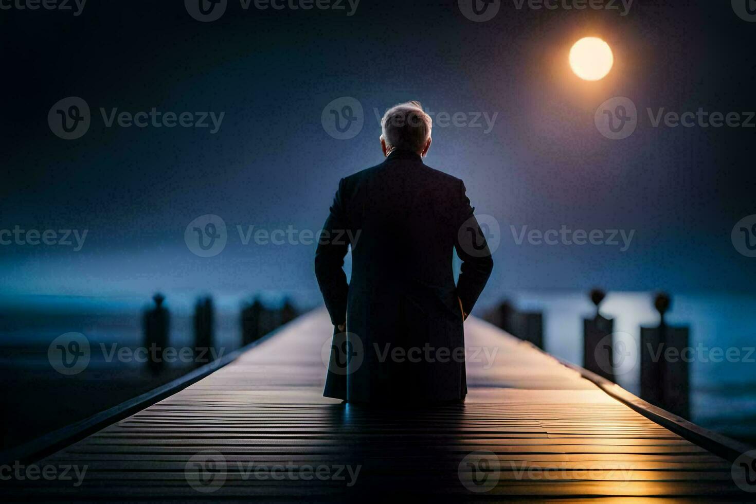 a man standing on a pier looking at the moon. AI-Generated photo