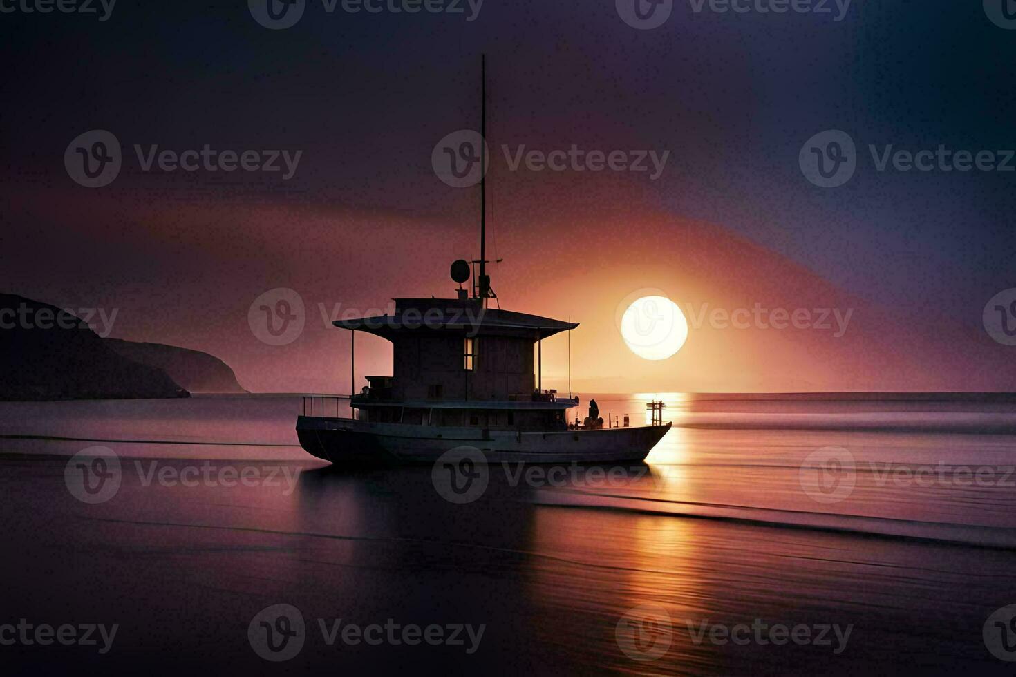 a boat is sailing on the ocean at sunset. AI-Generated photo