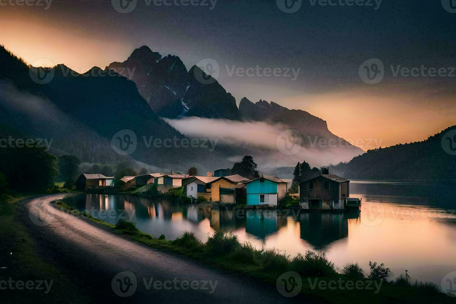 a lake and houses in the mountains. AI-Generated photo