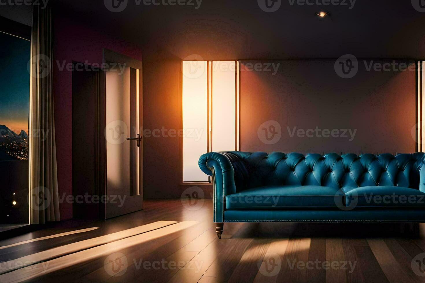 blue sofa in a living room with a view of the city. AI-Generated photo
