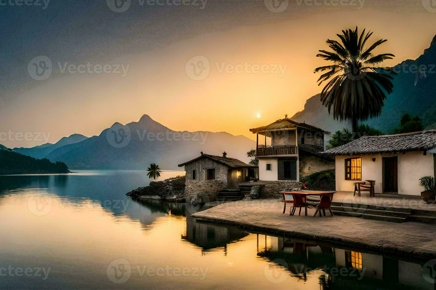 a lake and a house with a mountain in the background. AI-Generated photo