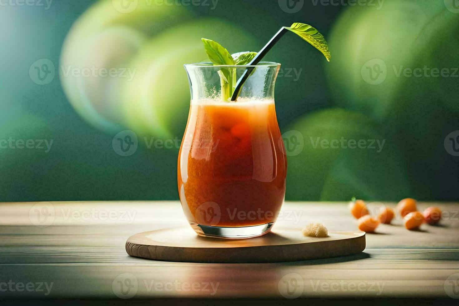 a glass of juice with a straw on a wooden table. AI-Generated photo