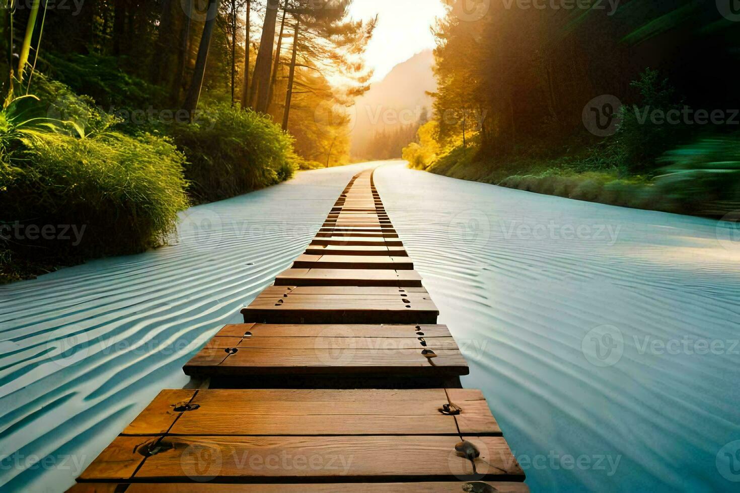 a wooden walkway leads into the forest. AI-Generated photo