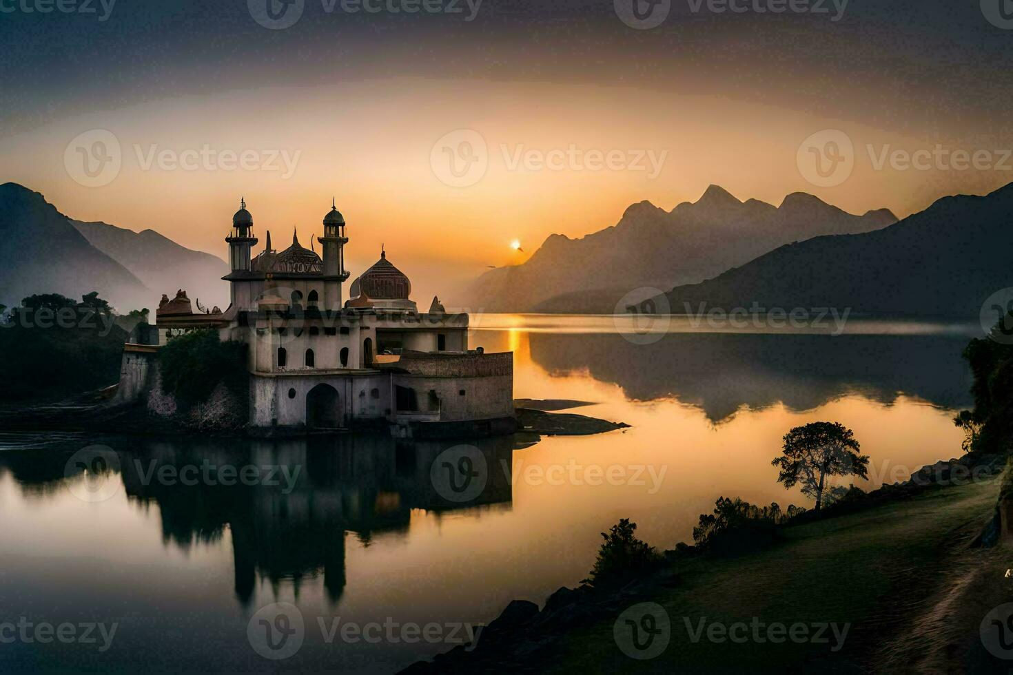 the sun sets over a castle in the middle of a lake. AI-Generated photo