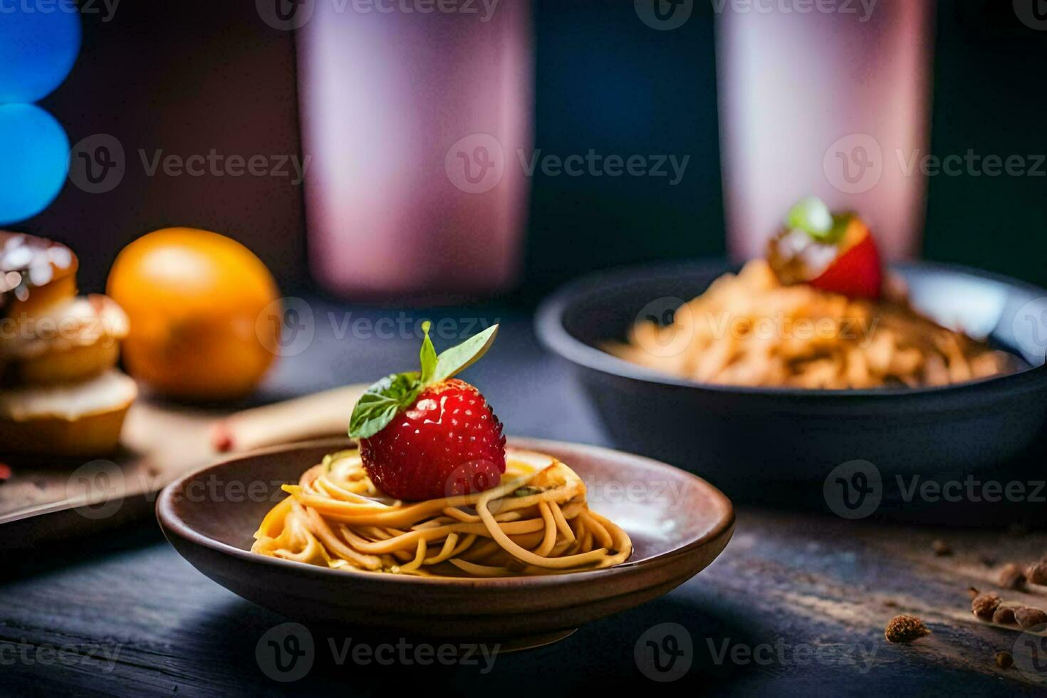 pasta with strawberries and doughnuts on a wooden table. AI-Generated photo