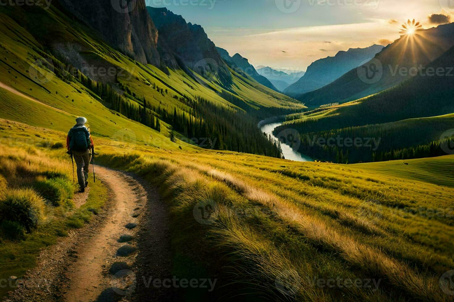 a person walks along a path in the mountains. AI-Generated photo