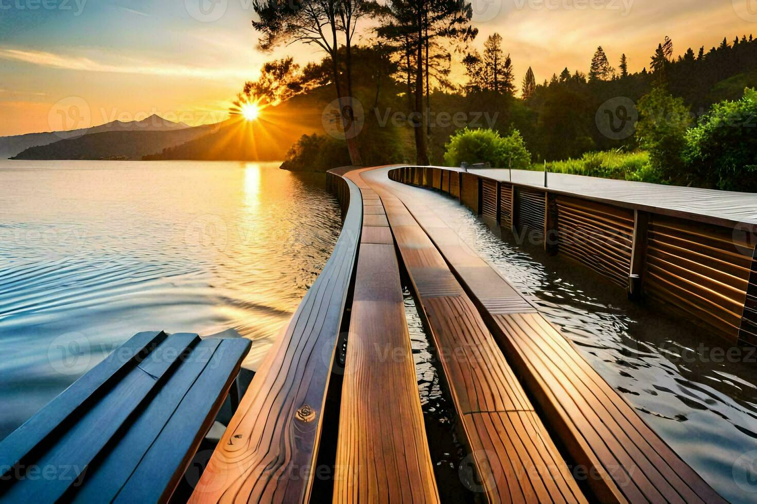 a wooden boardwalk leads to the water at sunset. AI-Generated photo
