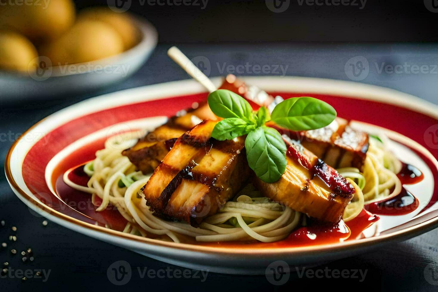 a plate with spaghetti and tofu on it. AI-Generated photo